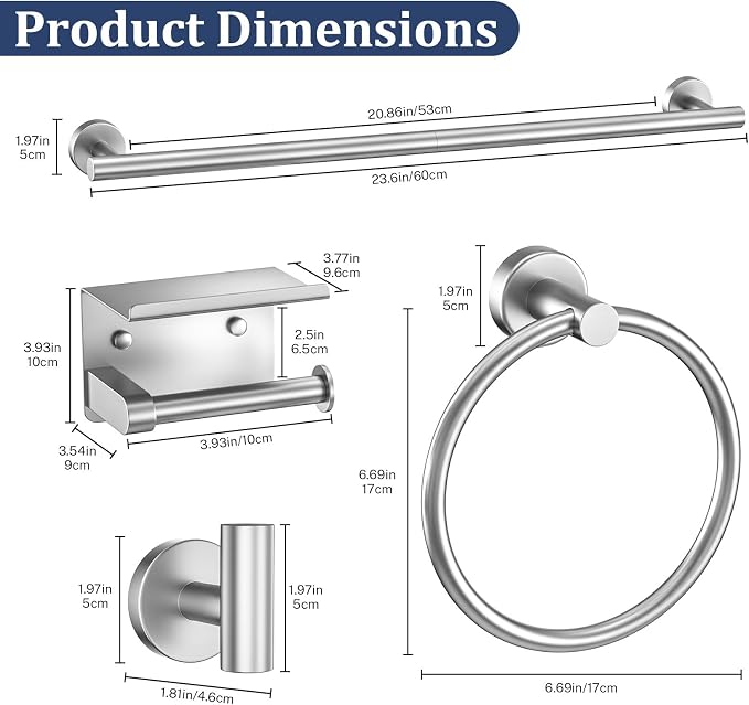 5 Pieces Bathroom Hardware Set Brushed Nickel Towel Bar Set Round Towel Holder - Image 6