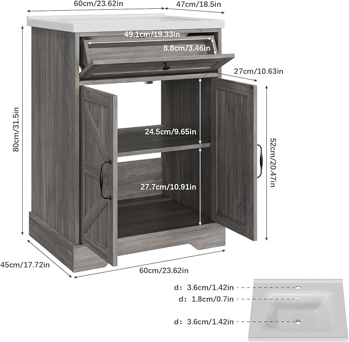 23.62" Bathroom Vanity with Ceramic Sink, Farmhouse Bathroom Vanity Cabinet - Image 2
