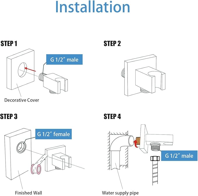 Wall Supply Elbow with Hand Shower Holder, Brass Square G1/2 Shower Hose - Image 8