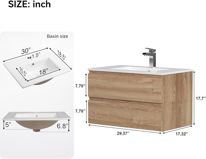 Floating Bathroom Vanity with Sink Wall Mounted Cabinet with 2 Soft-Close - Image 2