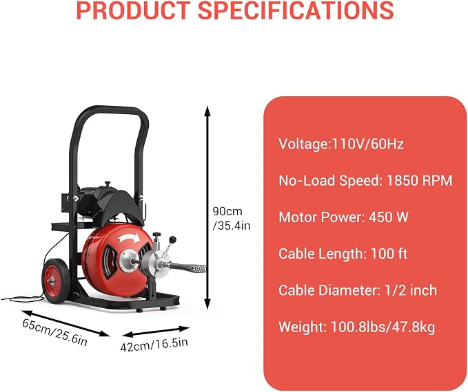 Electric Drain Cleaning Machine 100Ft 1/2 Inch, 450W Auto Feed Portable Sewer - Image 2