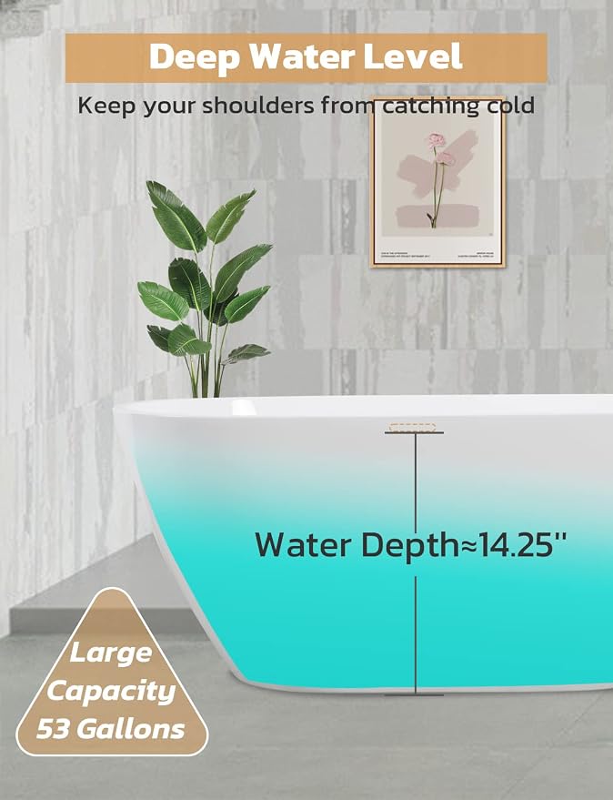 55" Sleek White Acrylic Freestanding Bathtub, Soaking Tub - Image 3