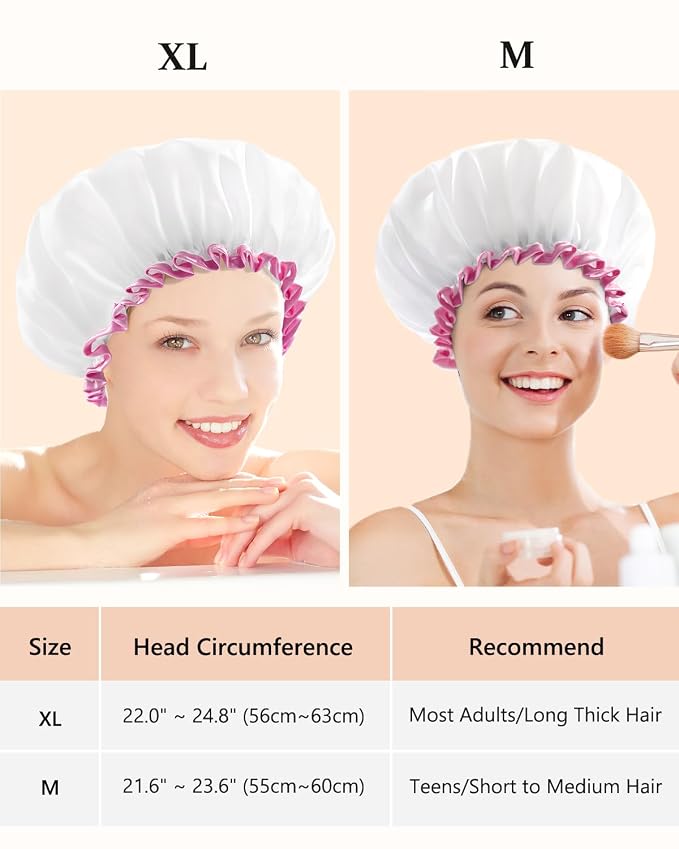 mikimini White Shower Cap Waterproof Reusable, Double Layers Bathing Hair Cap - Image 2