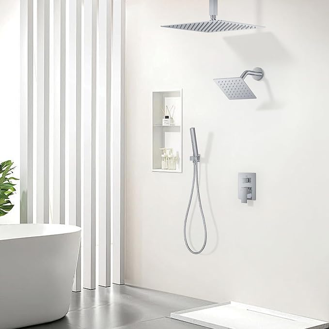 Chrome Shower Faucet Set, Ceiling Mount Shower System 12" & 6" Dual Shower Head - Image 2