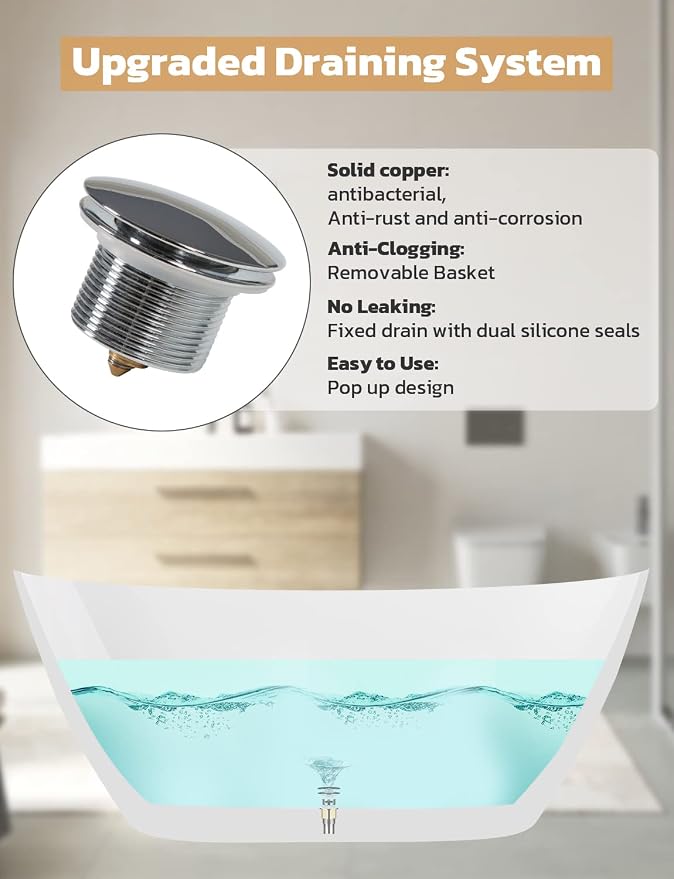 Acrylic Bathtub 55 Inch, Freestanding Deep Soaking Bath Tub - Image 7