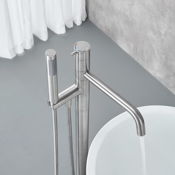 Freestanding Bathtub Faucet Floor Mount Tub Filler Brushed Nickel Brass Single - Image 5