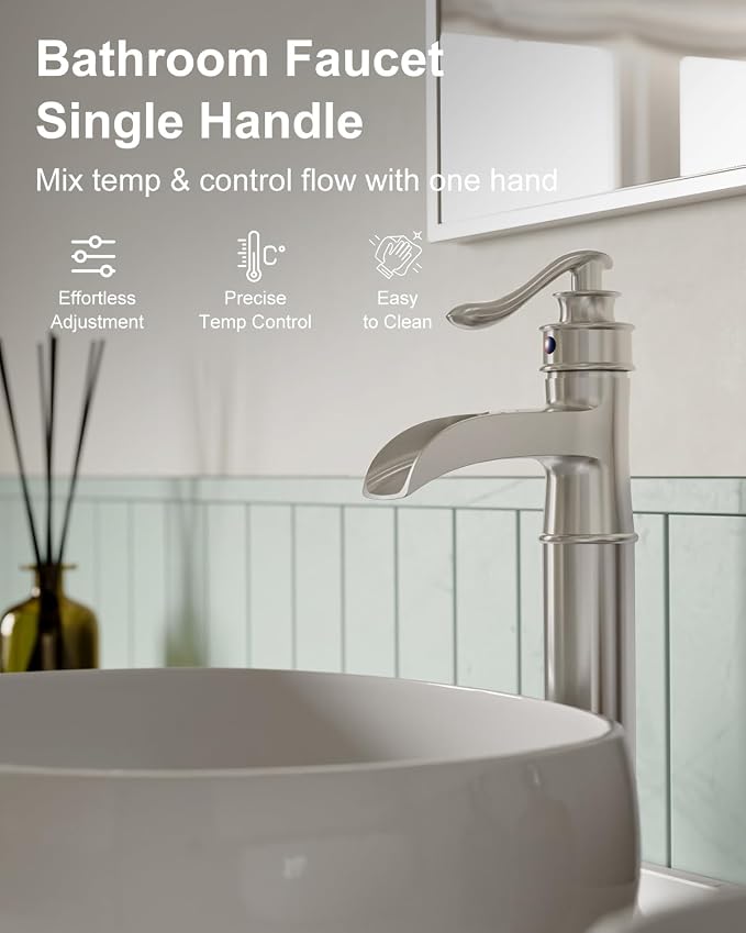 BWE Waterfall Vessel Sink Faucet Brushed Nickel Bathroom Faucet Single Handle - Image 6