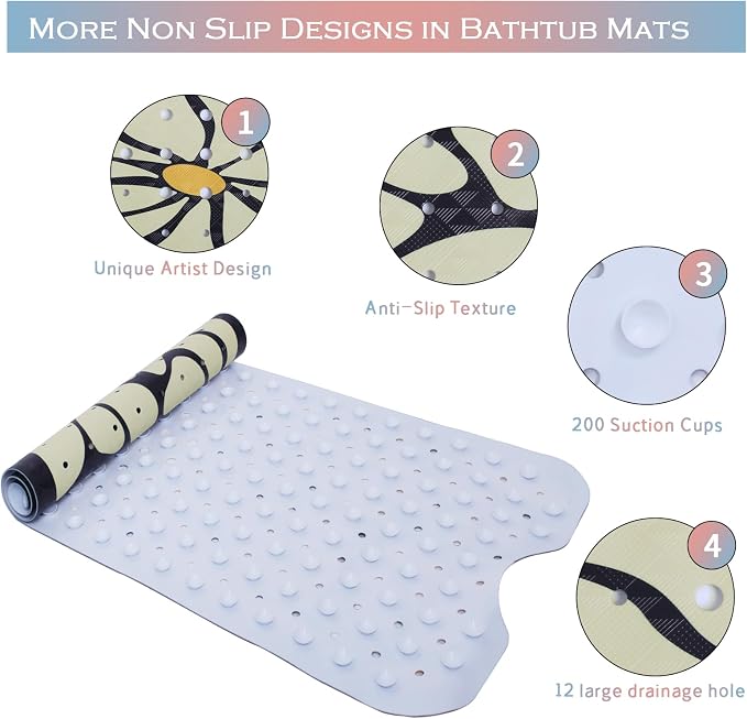 Floral Bathtub Mat Non Slip for Kids Botanical Extra Long Anti Slip Bath Mat - Image 4