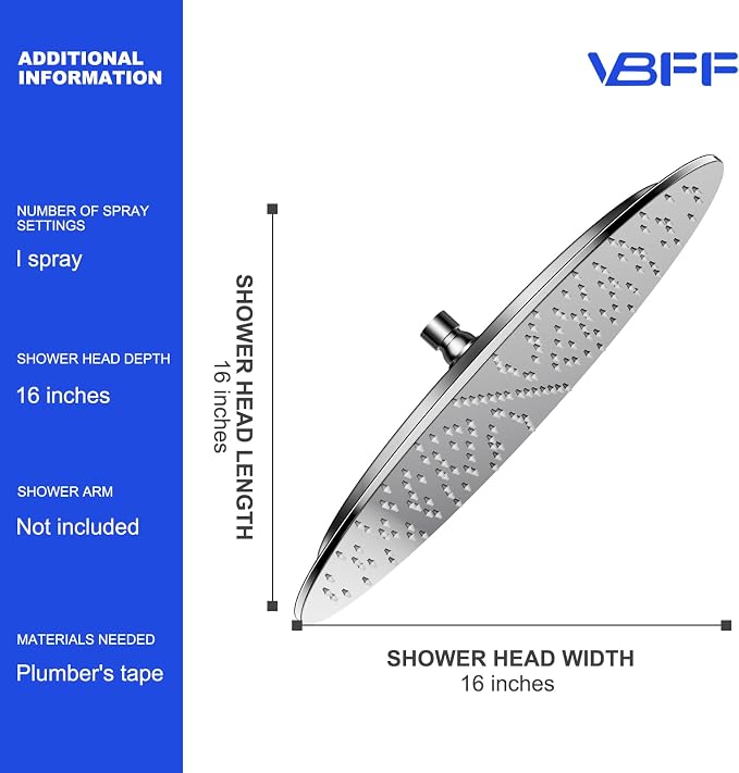 VBFF-Shower Head, rain shower head, 16 inch- Round Shower Head, 1.8 GPM Flow - Image 6