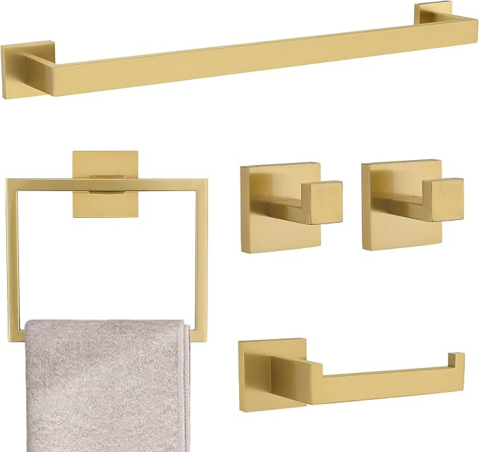 Brushed Gold 5 Pieces Bathroom Hardware Accessories Set Towel Bar Set Towel by TNOMS