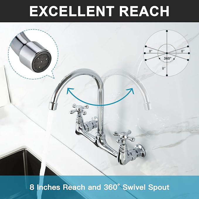 Commercial Brass Wall Mount Faucet, 2 Handles, 8 Inches Center, 360 Swivel - Image 2
