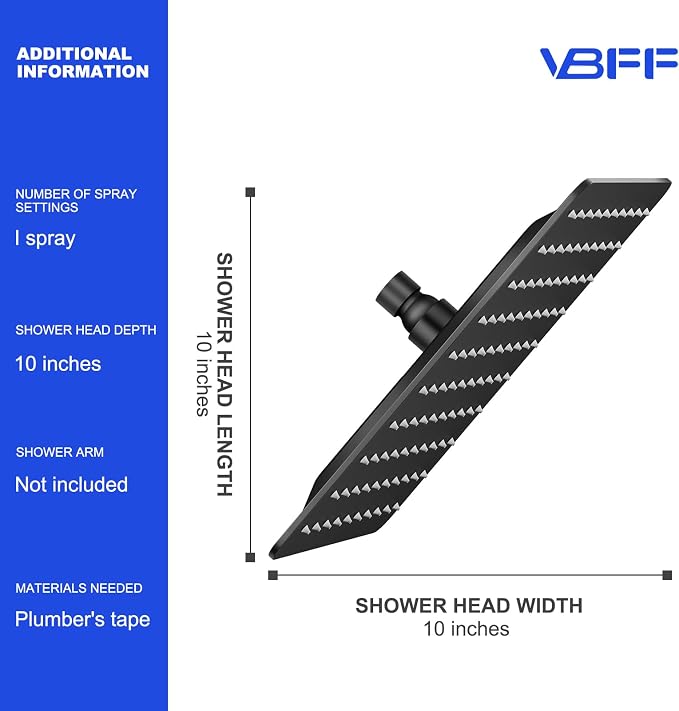 VBFF-Shower Head, rain shower head, 10 inch- Square Shower Head, 1.8 GPM Flow - Image 6