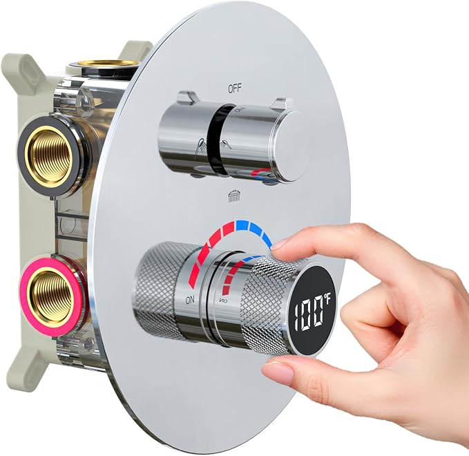 Temperature Display Shower Valve 3 Way Brass Rough-in Mixer and Round Trim Kit by FULAIWANG