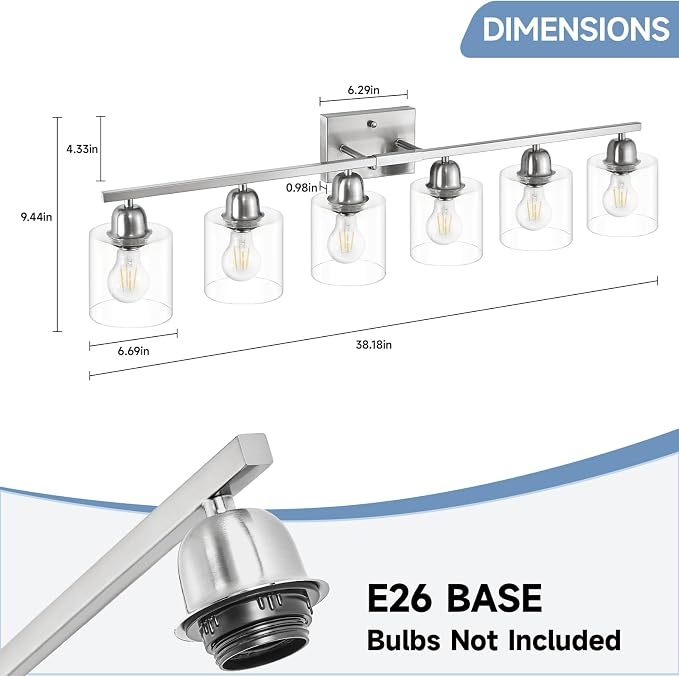 Modern Brushed Nickel 6 Light Bathroom Light Fixtures, 38 inch Vanity Lights - Image 2