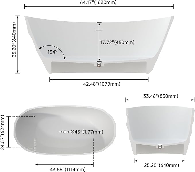 64" Premium Modern Solid Surface Free Standing Bathtubs, Unique Matte White - Image 4