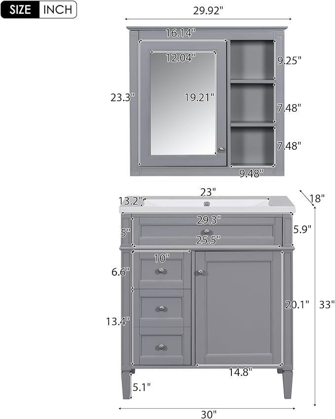 30" Bathroom Vanity with Matching Medicine Cabinet, Modern Sink Storage Cabinet - Image 2
