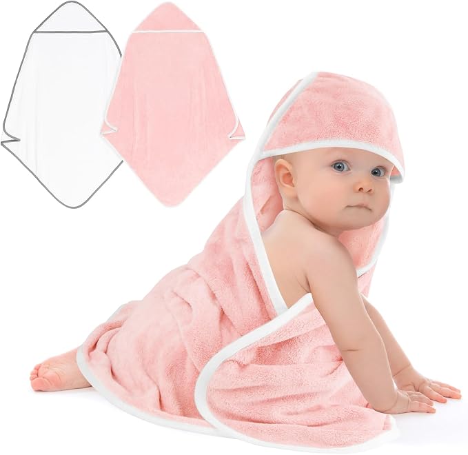 Hooded Towel for Newborn, 2 Pack Soft Coral Fleece Baby Towels, Ultra Absorbent by Unimade