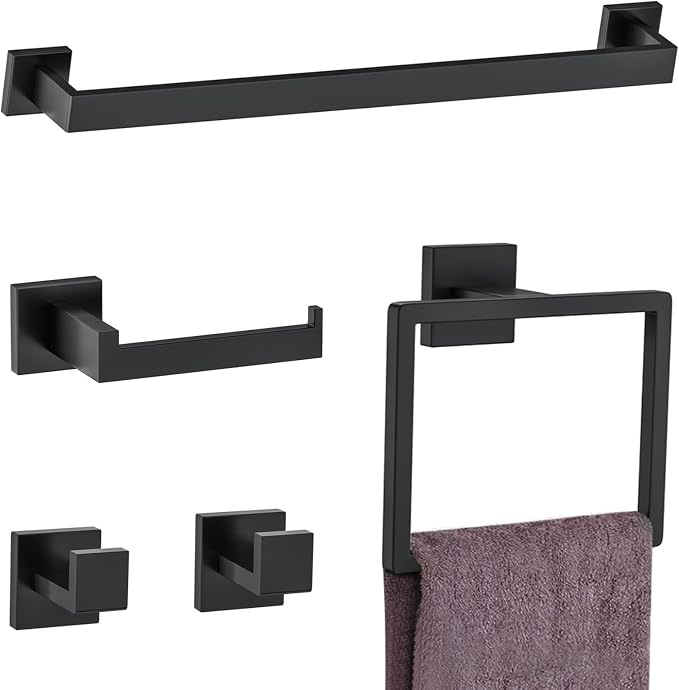 5 Pieces Towel Bar Set Matte Black Bathroom Hardware Accessories Set Include by Woekme