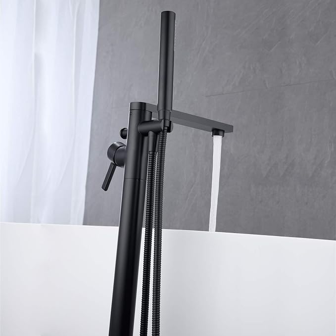 Freestanding Bathtub Faucet Tub Filler Black Floor Mount Brass Single Handle - Image 5