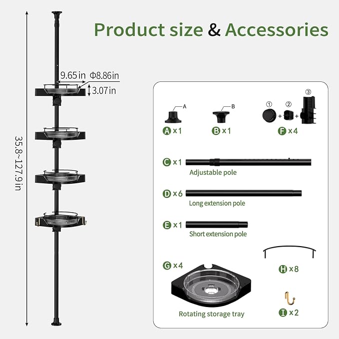 Shower Caddy Tension Pole with 4 L-Lazy Susan Organizer 360 Rotating 35-128 - Image 5