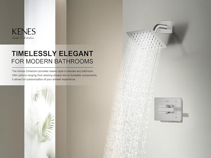 KENES Brushed Nickel 6-Inch Shower Head and Handle Set, Square Shower Faucet - Image 2