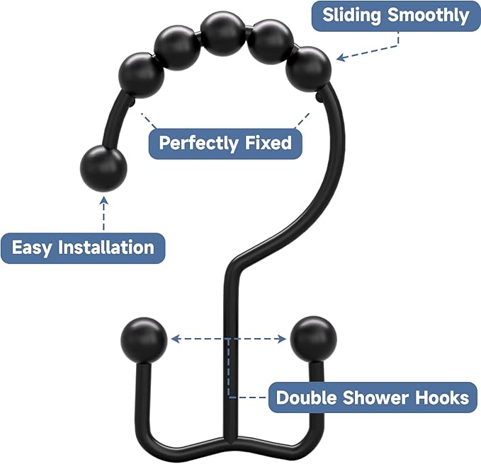 Titanker Black Shower Curtain Hooks Rings, Rust-Resistant Metal Double Glide - Image 4