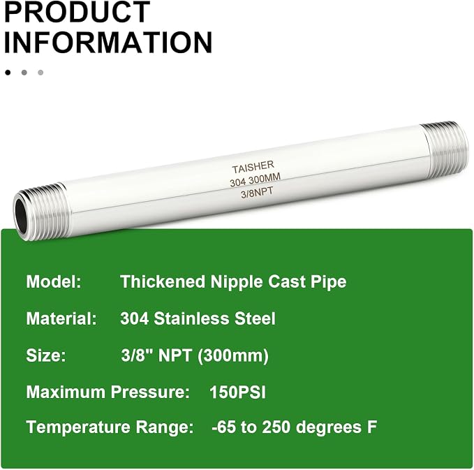 TAISHER 2PCS Stainless Steel Pipe Fittings, 3/8" NPT Male x 3/8" NPT Male - Image 5