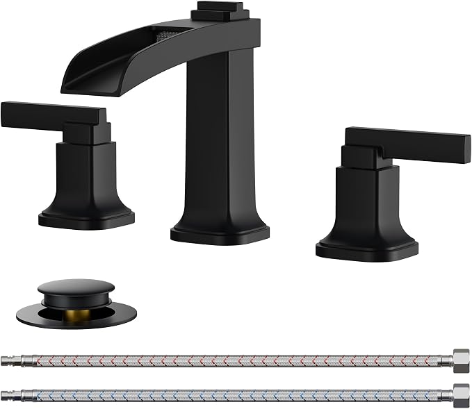 FORIOUS Brass Matte Black Commercial Bathroom Faucets 3 Hole, Waterfall Modern by FORIOUS