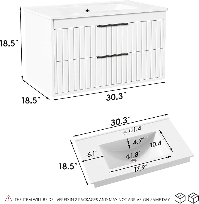 30" Bathroom Vanity with Sink, Floating Vanity Bathroom Sink Cabinet Wall Mount - Image 2