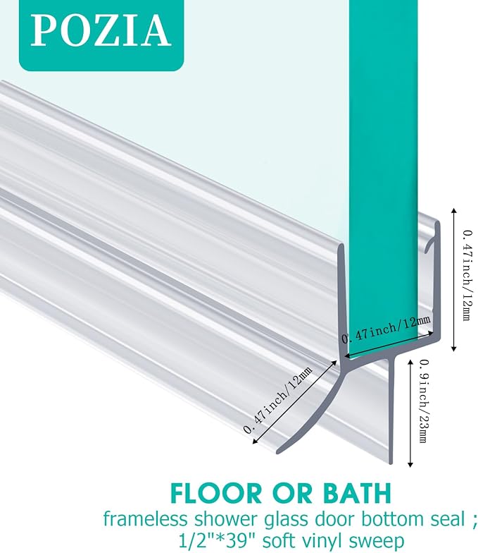 POZIA Clear Frameless Glass Shower Door Bottom Seal | Shower Door Sweep - Image 2