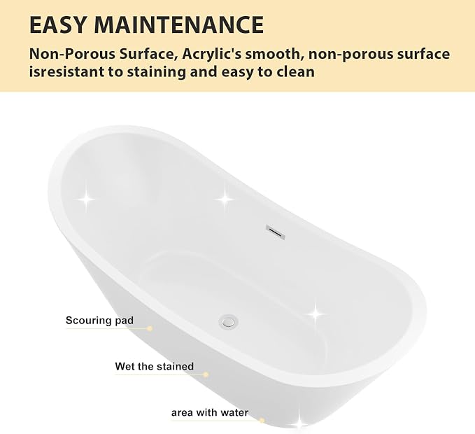 Logmey 67" Freestanding Bathtub White Acrylic Oval Shape Soaking Tub - Image 8