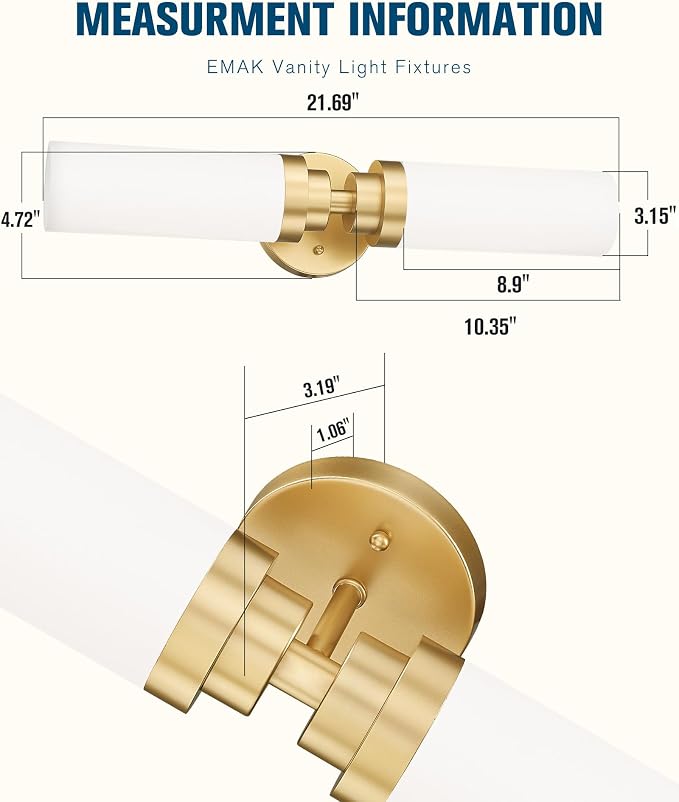 Emak 22 Inch Gold Bathroom Light Fixtures Over Mirror, 2 Light Bathroom Vanity - Image 4