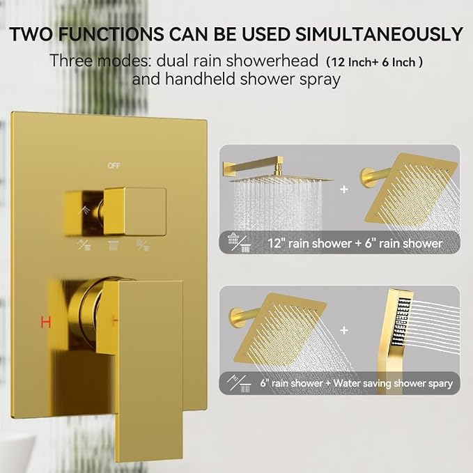Shower Faucet Set Brushed Gold Shower System, STARBATH 12+6" Dual Rain Shower - Image 3