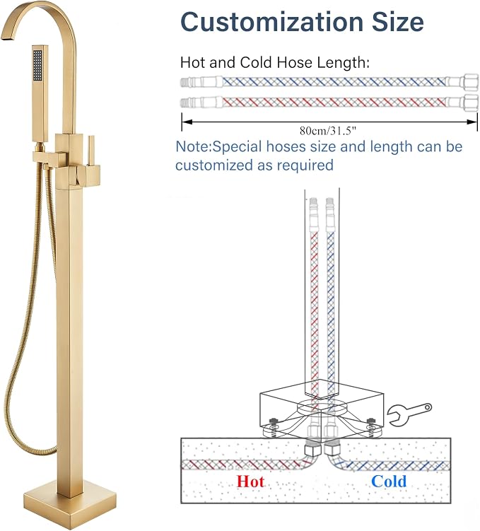 Freestanding Bathtub Faucet Floor Mounted Tub Filler Brushed Gold Single Handle - Image 7