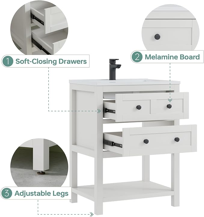 24 Inch Bathroom Vanity with Sink, Farmhouse Storage Cabinet with Drawers & - Image 5