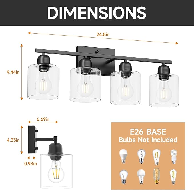 Modern 4 Light Bathroom Light Fixtures, 24 inch Black Vanity Lights - Image 2