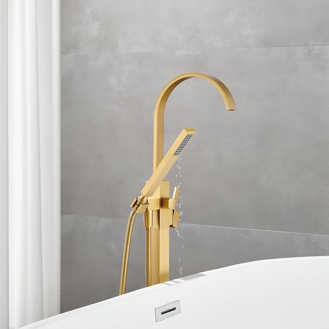 Freestanding Bathtub Faucet Floor Mount Tub Filler Brushed Gold Brass Bathroom - Image 9