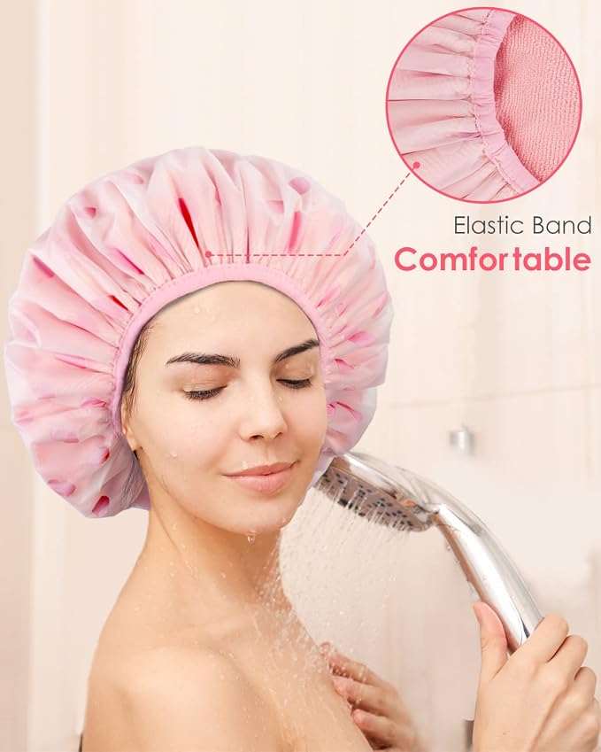 Auban Shower Cap, Shower Cap for Women Terry Cloth Lined EVA Exterior Reusable - Image 5