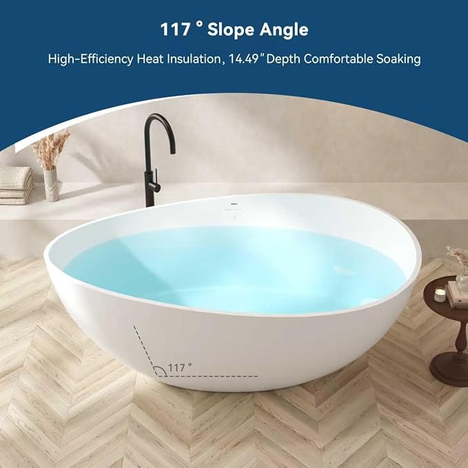 FerdY Lamu 63" Stone Resin Freestanding Bathtub, Gracefully Shaped Freestanding - Image 5