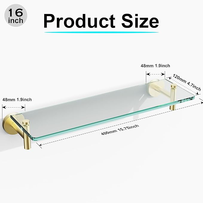 Glass Shelves for Bathroom, 16-Inch Brushed Gold Floating Bathroom Shelf - Image 3