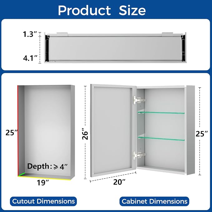 Bathroom Medicine Cabinet with Mirror, 20x26 Recessed or Wall Mirror Medicine - Image 8