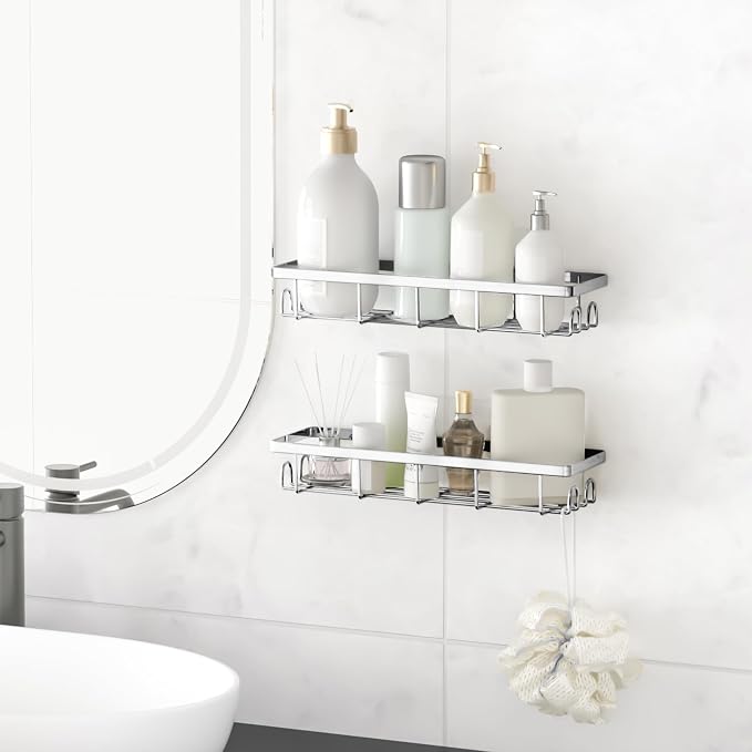 Shower Caddy Organizer with Hooks, Self Adhesive Bathroom Shelves, No Drilling - Image 2