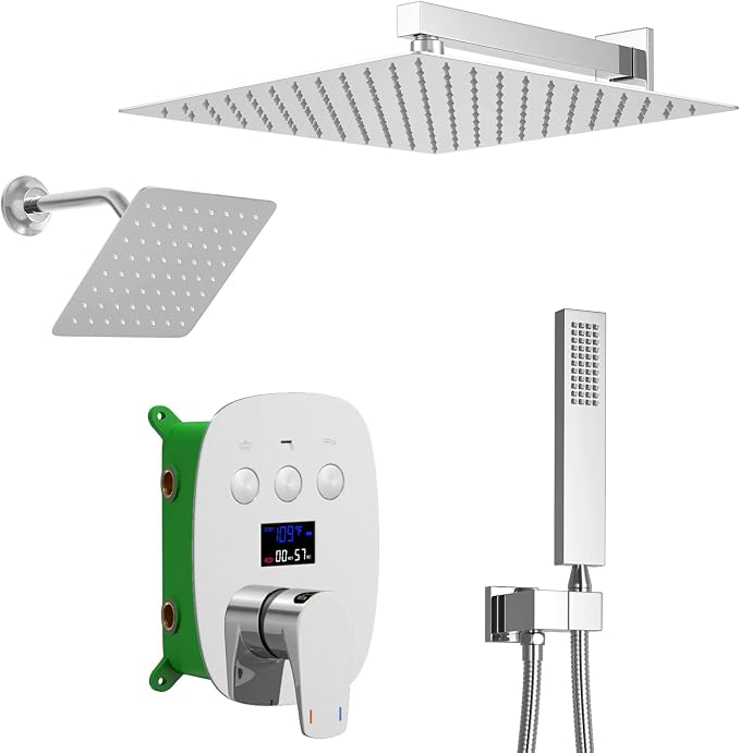 Chrome Shower System Set Temperature Display Push Button Shower Faucet by KATAIS