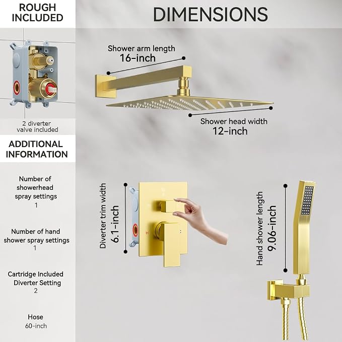Shower Faucet Set Brushed Gold Shower System, Starbath 12" Rain Shower Head and - Image 6