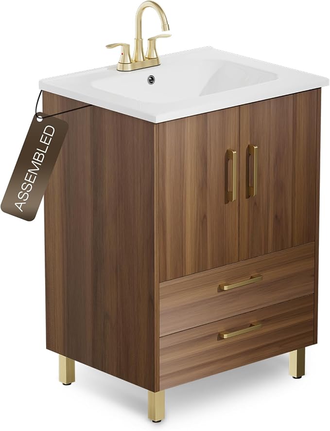 phiestina Walnut 24 Inch Bathroom Vanity, Fully Pre-Assembled Bathroom Sink by Phiestina