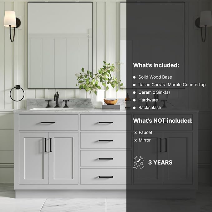 ARIEL Double Bathroom Vanity 73" Grey, Italian Carrara Marble Countertop & - Image 5