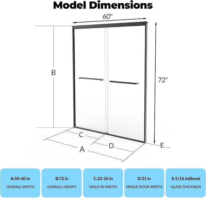 50-60" Adjustable Width x 72" Height Sliding Shower Door, Aluminum Alloy Frame - Image 2