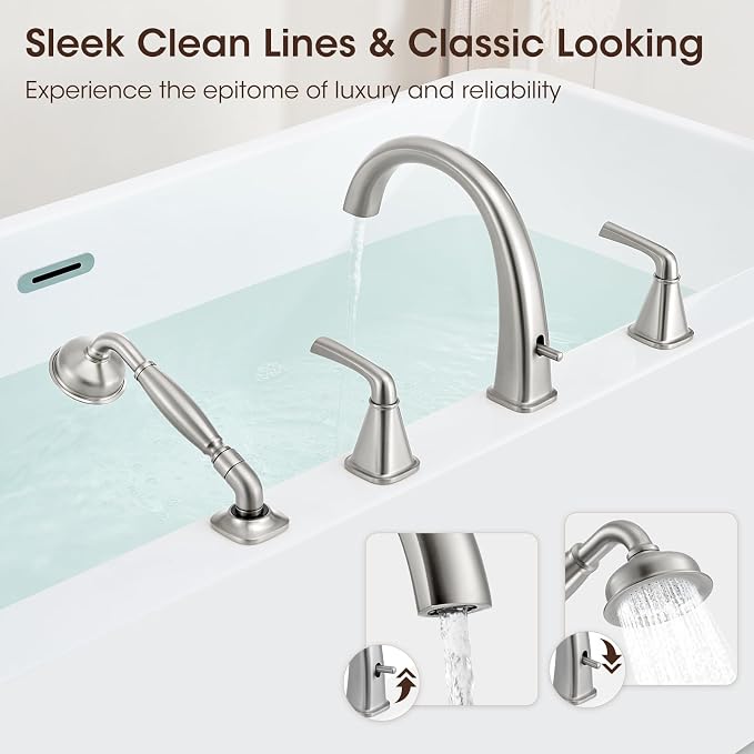 New Roman Tub Faucet with Sprayer, Bathtub Faucet Set Deck Mount, Brass 4 Hole - Image 3