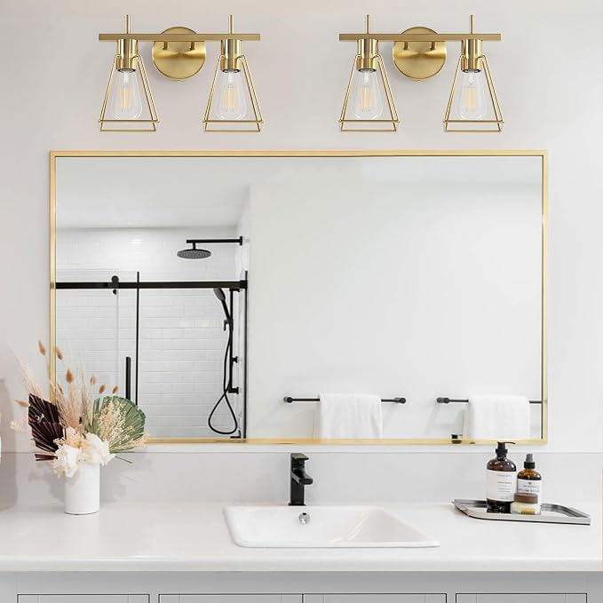 Industrial Bathroom Vanity Lights: 2-Lights Brush Gold Vintage Metal Cage Wall - Image 4