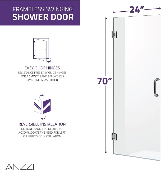 ANZZI 70" x 24" Frameless Shower Door in Matte Black, Water Repellent Glass - Image 5